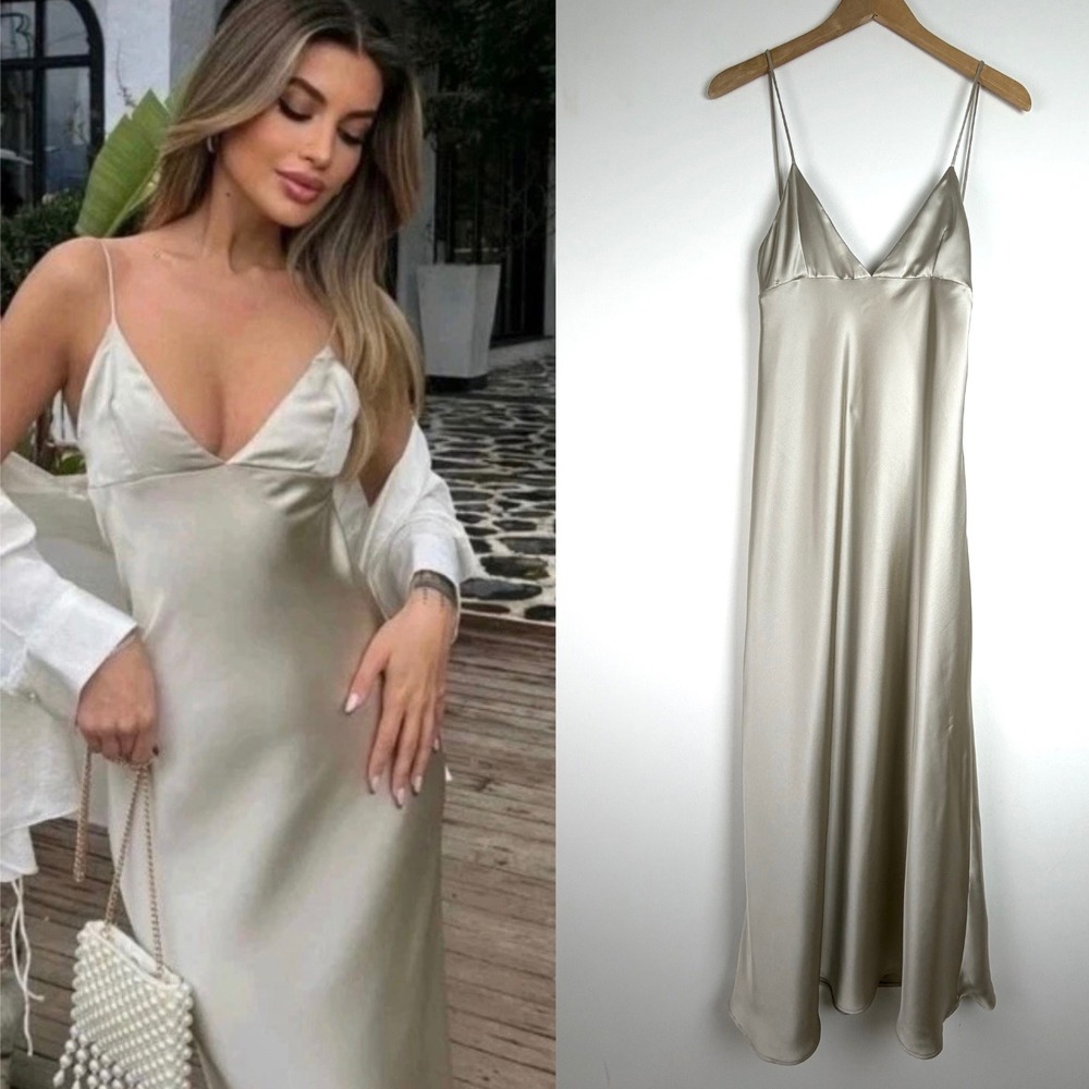 Zara Champagne Satin Midi Dress V-Neck Low Back Spaghetti Strap Gold Minimalist